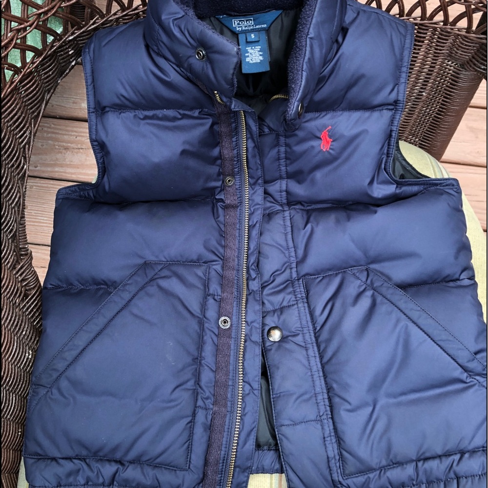 Polo Ralph Lauren Down Vest size 5 Blue Youth inside pocket EUC 18 1/2” x 13”